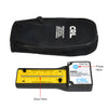 MG1500 handheld CRL glass thickness laser gauge with yellow fractional-inch scale and power button.