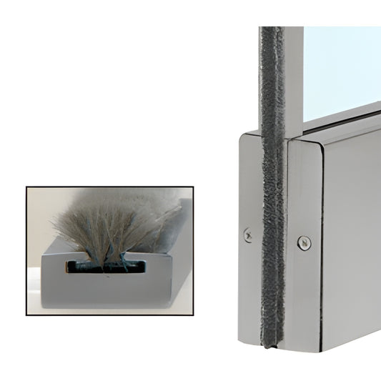 MSW12BS brushed stainless steel channel for 1/2" glass with wool-pile weatherstrip installed, close-up.