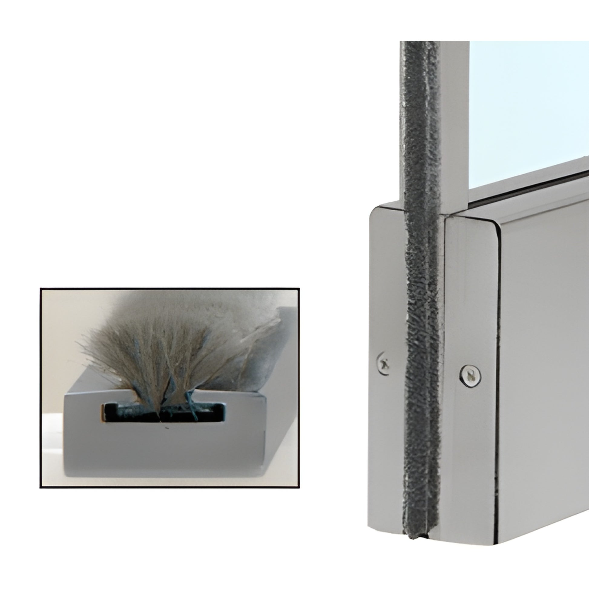 Brushed stainless steel glass door weatherstrip kit (SKU 6MSW12BS) showing metal channel with wool pile insert.