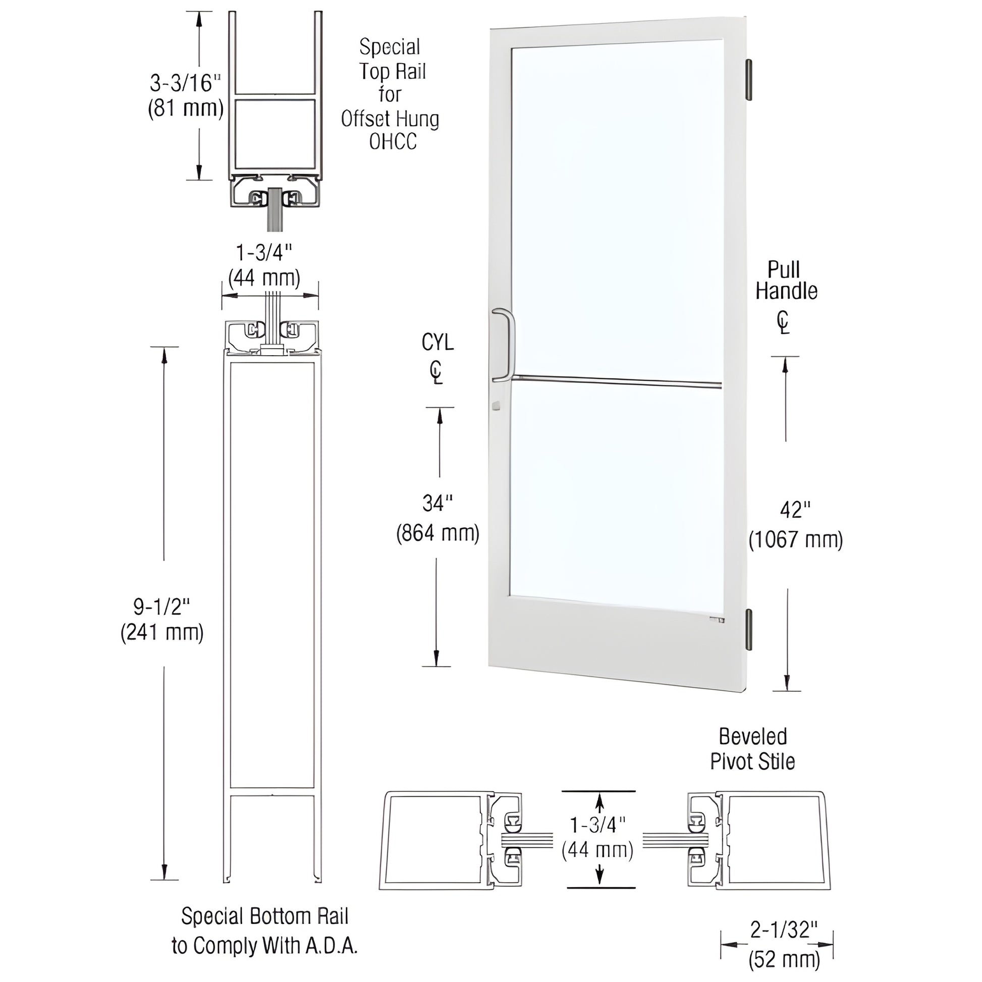 DE21452 white Kynar narrow-stile storefront entrance door with 9-1/2" ADA bottom rail, glass panel, keyed cylinders.