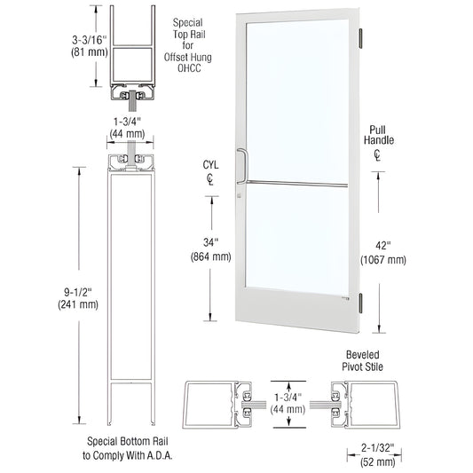 DE21452 white Kynar narrow-stile storefront entrance door with 9-1/2" ADA bottom rail, glass panel, keyed cylinders.