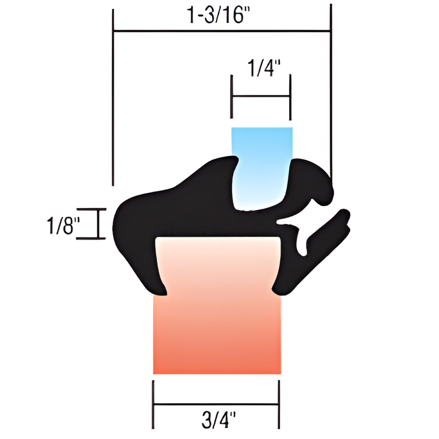 Cross-section of black EPDM self-sealing weatherstrip (SKU 10249), shows 3/4" base, 1-3/16" overall, 1/4" glass fit.
