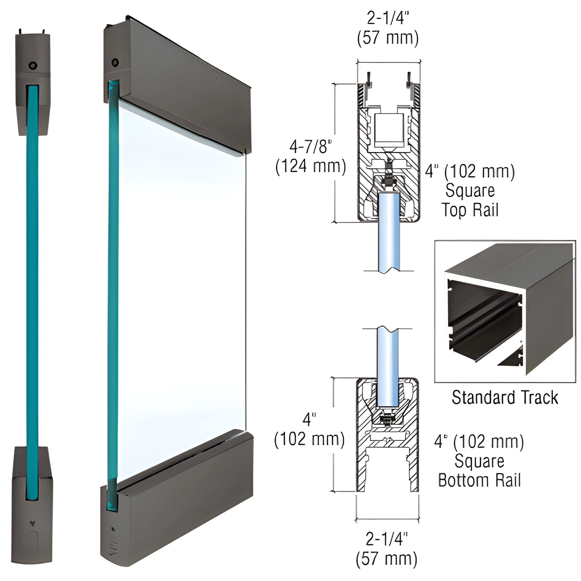 CRL S434S1DU 4 in square top/bottom glass rails, black bronze anodized, for 3/4 in (19 mm) tempered glass, profile view