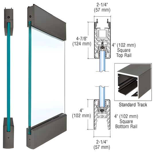 CRL S434S1DU 4 in square top/bottom glass rails, black bronze anodized, for 3/4 in (19 mm) tempered glass, profile view