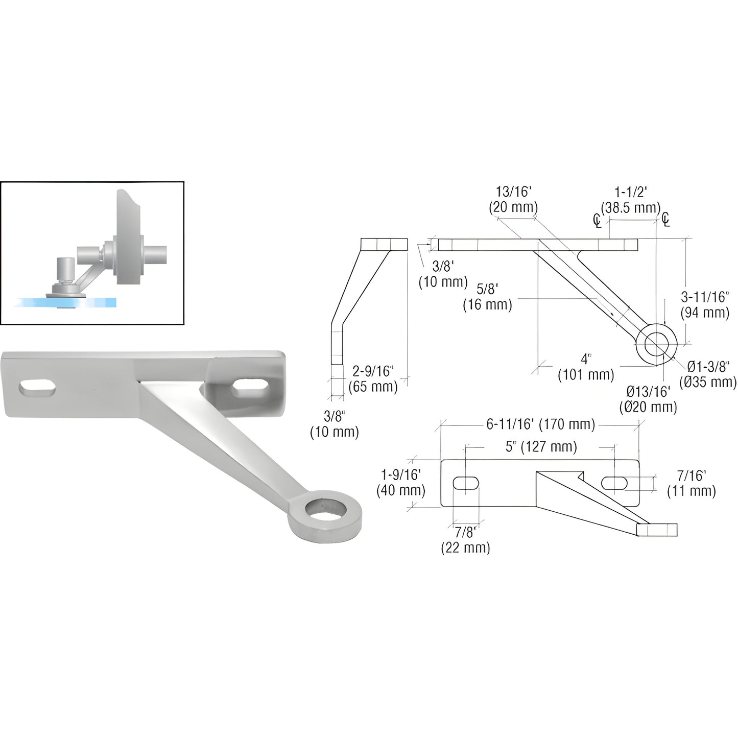 CRL FMH1LHBS stainless steel glass-to-wall bracket with ring end and technical dimension drawings