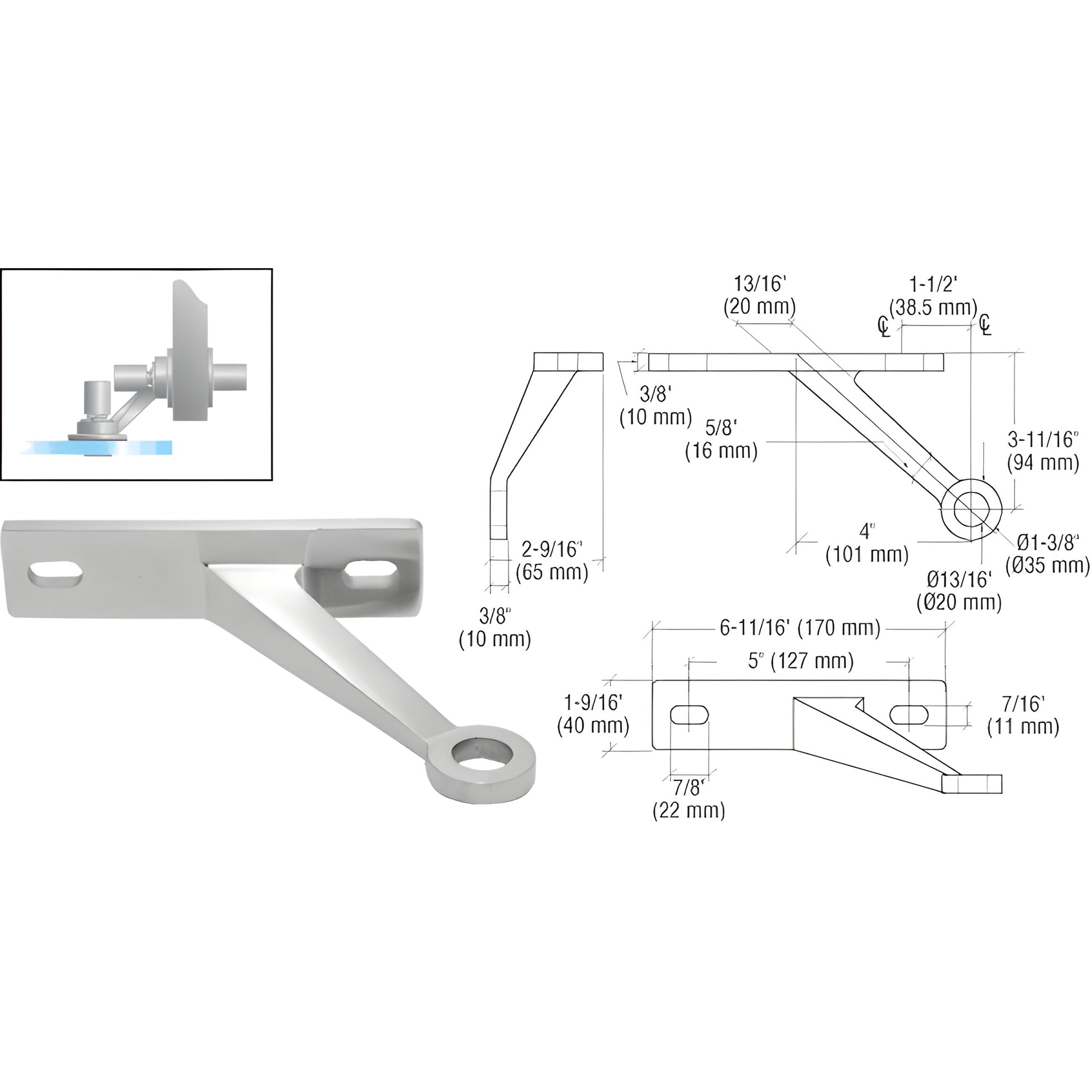CRL FMH1LHBS stainless steel glass-to-wall bracket with ring end and technical dimension drawings