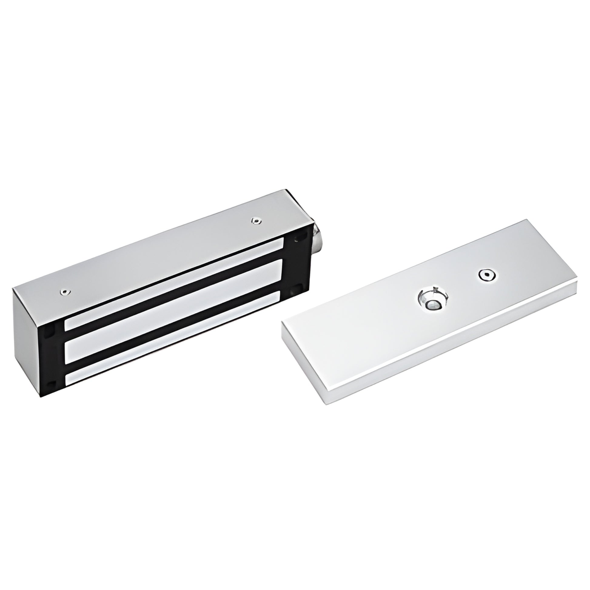 ML1200U weatherproof stainless-steel electromagnetic door lock with armature plate, chrome finish, 1200 lb holding force.