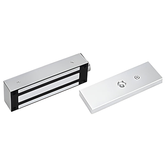 ML1200U weatherproof stainless-steel electromagnetic door lock with armature plate, chrome finish, 1200 lb holding force.