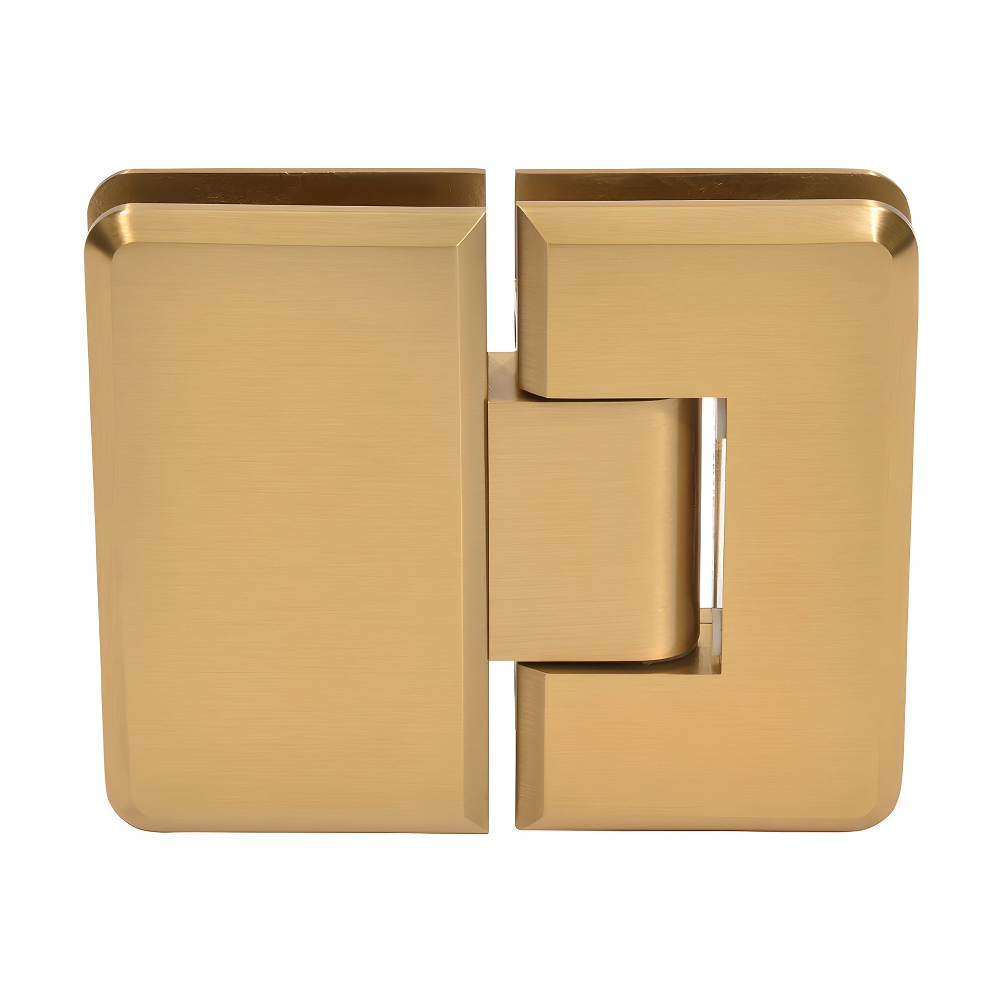 Modern Gold brass 180-degree glass-to-glass shower hinge, beveled edges, fits 3/8-1/2 in tempered glass (SKU C0L180MG)
