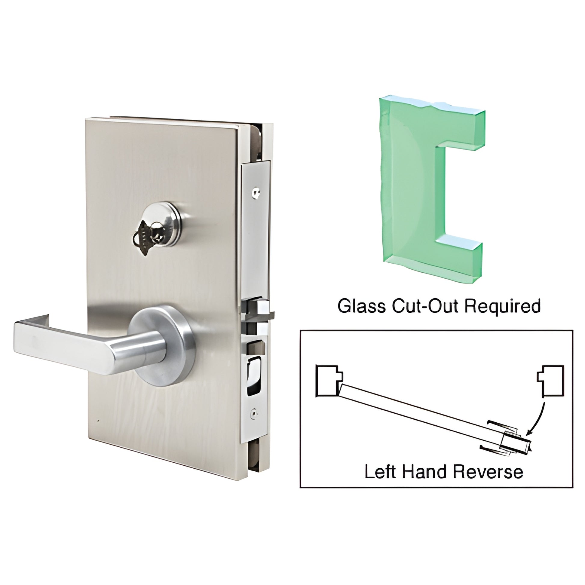 Brushed stainless center glass door lock DL611L0BS, 6x10 in, deadlatch, left-hand, fits 1/2" tempered glass