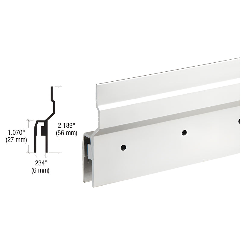 Satin-anodized aluminum Masteroll 72 in header with roller slots, screw holes and cross-section profile drawing.
