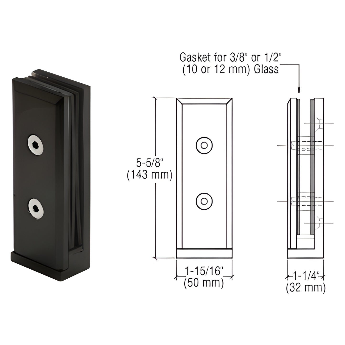 Matte black stainless steel two-piece surface-mount glass clamp AFWC2MBL for 10-14mm glass, 5 5/8 high