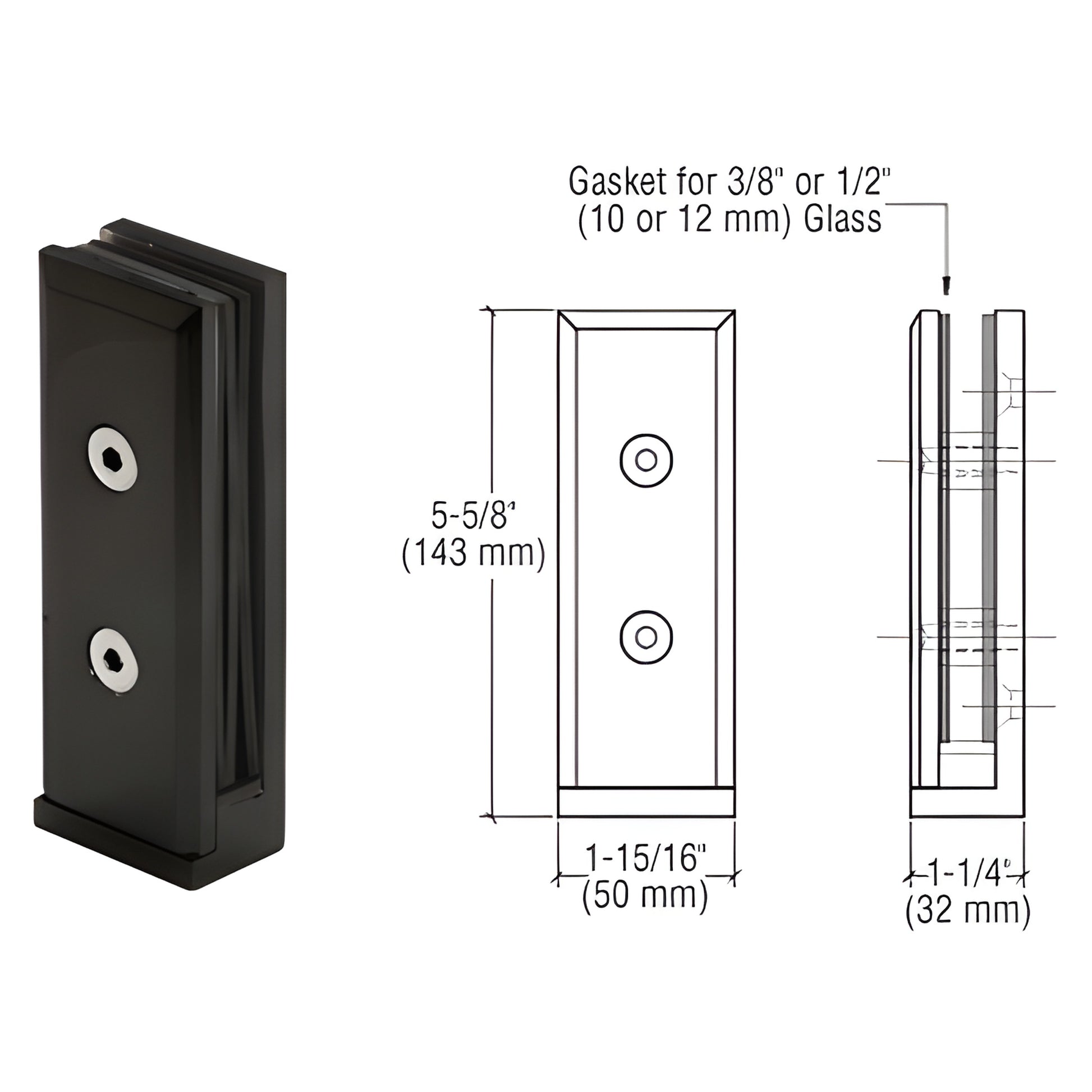 Matte black stainless steel two-piece surface-mount glass clamp AFWC2MBL for 10-14mm glass, 5 5/8 high
