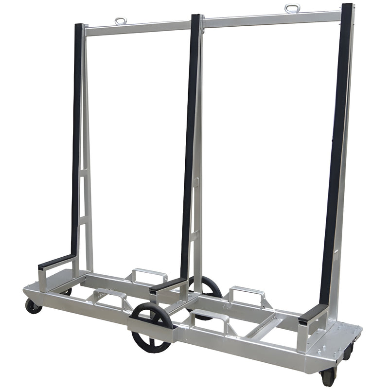FC82 galvanized steel six-wheel fabrication cart with upright A-frames, rubber strips, fork pockets and swivel casters