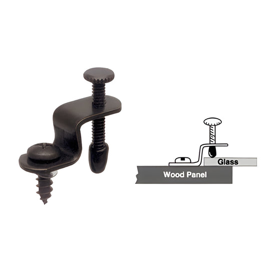 Black adjustable glass retainer clip for wood frame doors with thumbscrew and protective tip (SKU GRC8351)