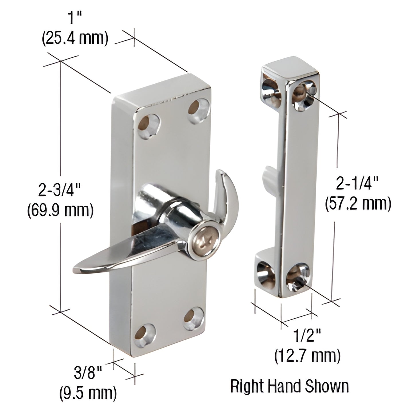 Chrome right-hand patio door security latch SKU A103 - surface-mount aluminum secondary lock.