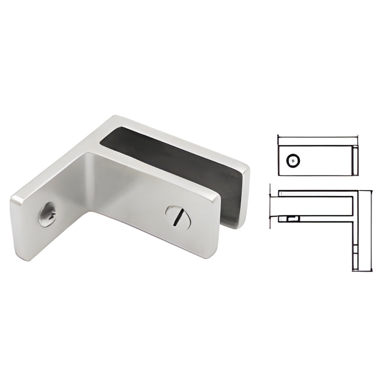 Polished 316 stainless steel wall-mount glass bracing clamp for 21.52mm glass, no-drill, SKU GBCWM21PS