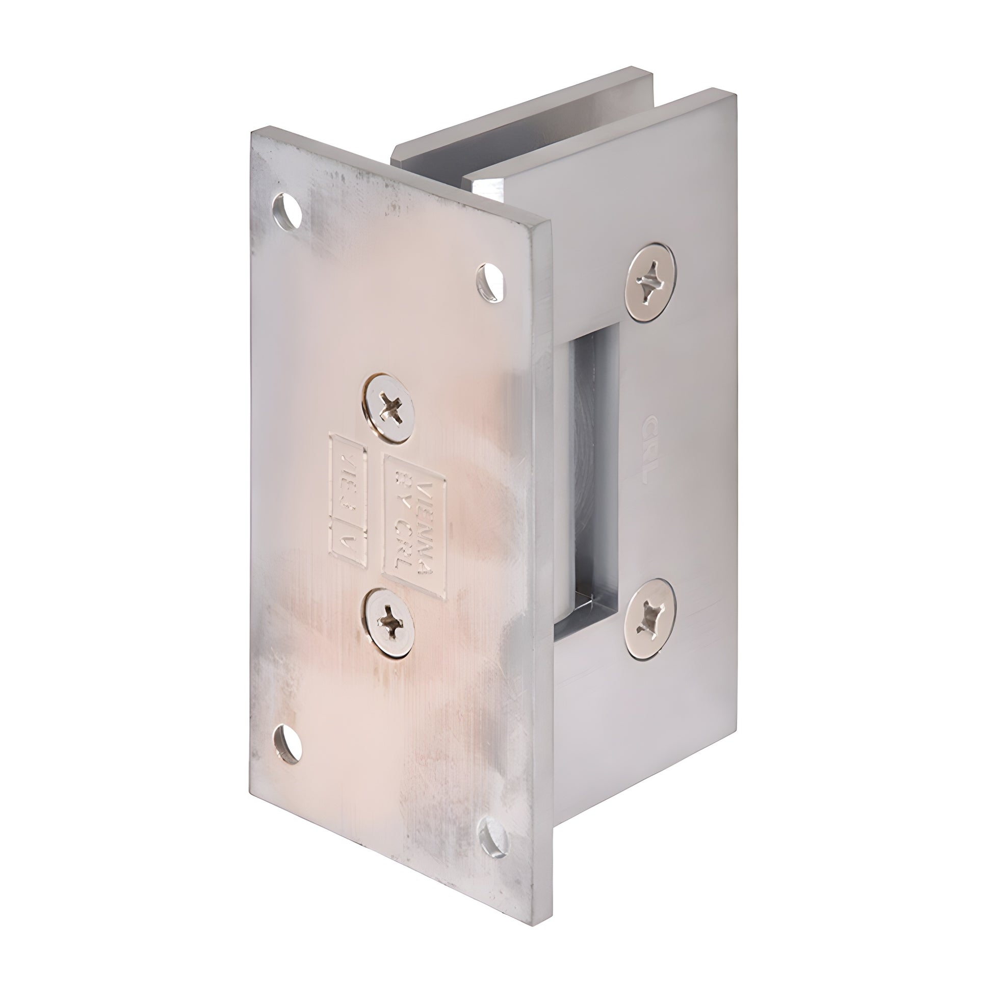 Brushed chrome Vienna glass shower hinge, wall-mount brass full back plate for 3/8-1/2" glass (SKU V1E037BCH)