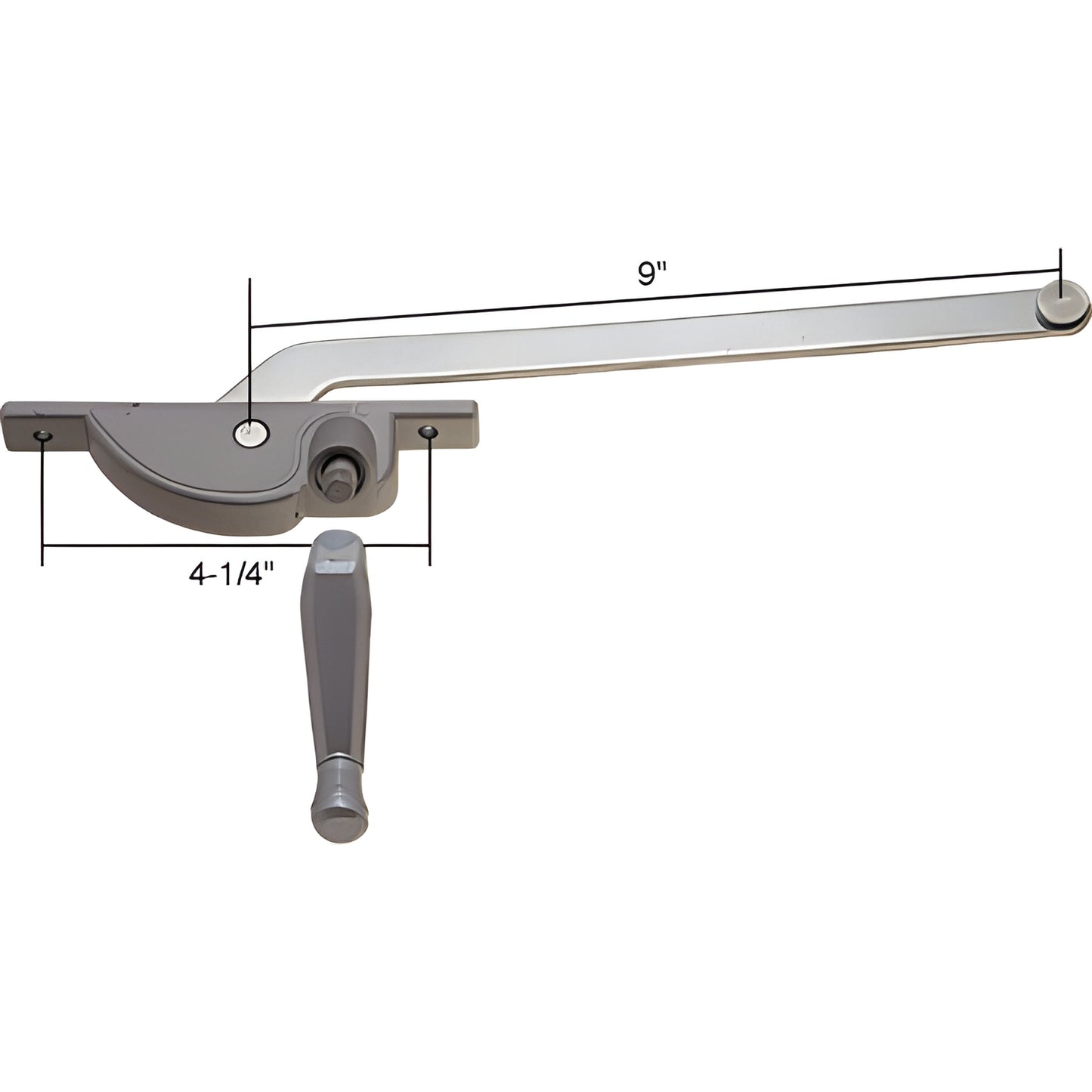WCM586 left-hand casement operator, diecast body with stamped-steel 9" arm and crank, 4 1/4" hole spacing.