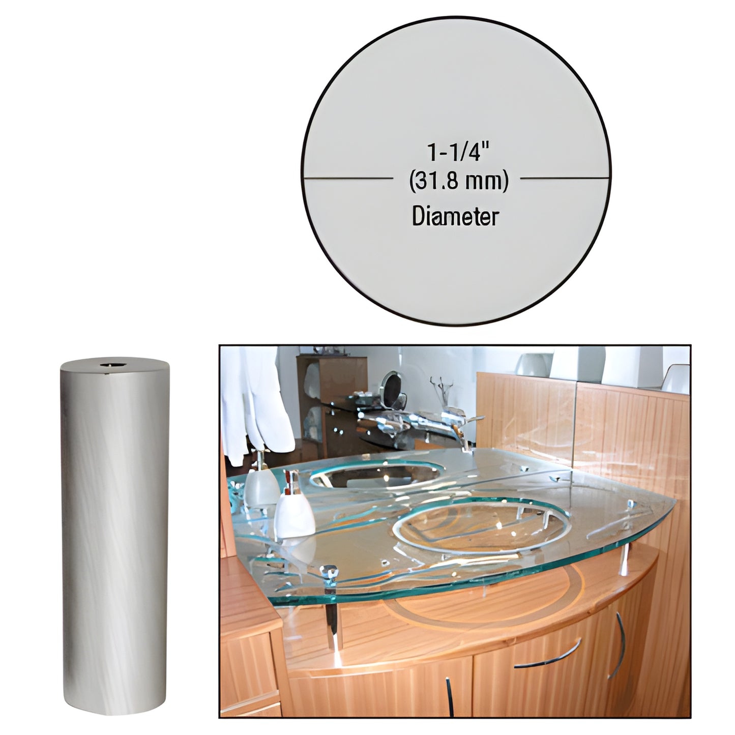 Brushed stainless steel 1-1/4" diameter standoff, 4" length (316 stainless) for glass/sign mounting - SKU S0B1144BS