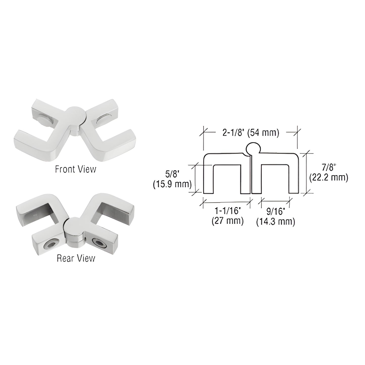 Polished chrome glass hinge bracket GHB100CH for 3/8-1/2" frameless glass, front/rear views and dimensional drawing
