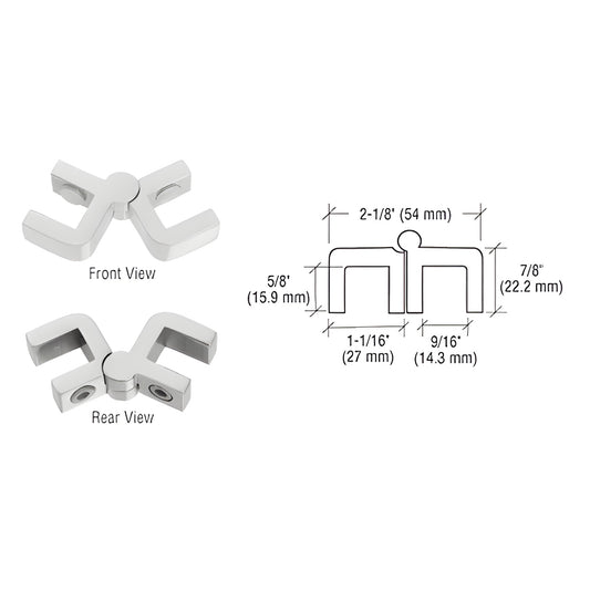 Polished chrome glass hinge bracket GHB100CH for 3/8-1/2" frameless glass, front/rear views and dimensional drawing