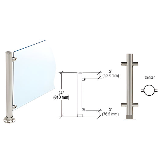PP58CBS 24 in Slimline brushed stainless center post for glass, fits 1/4 or 3/8 in (6/10 mm) panels