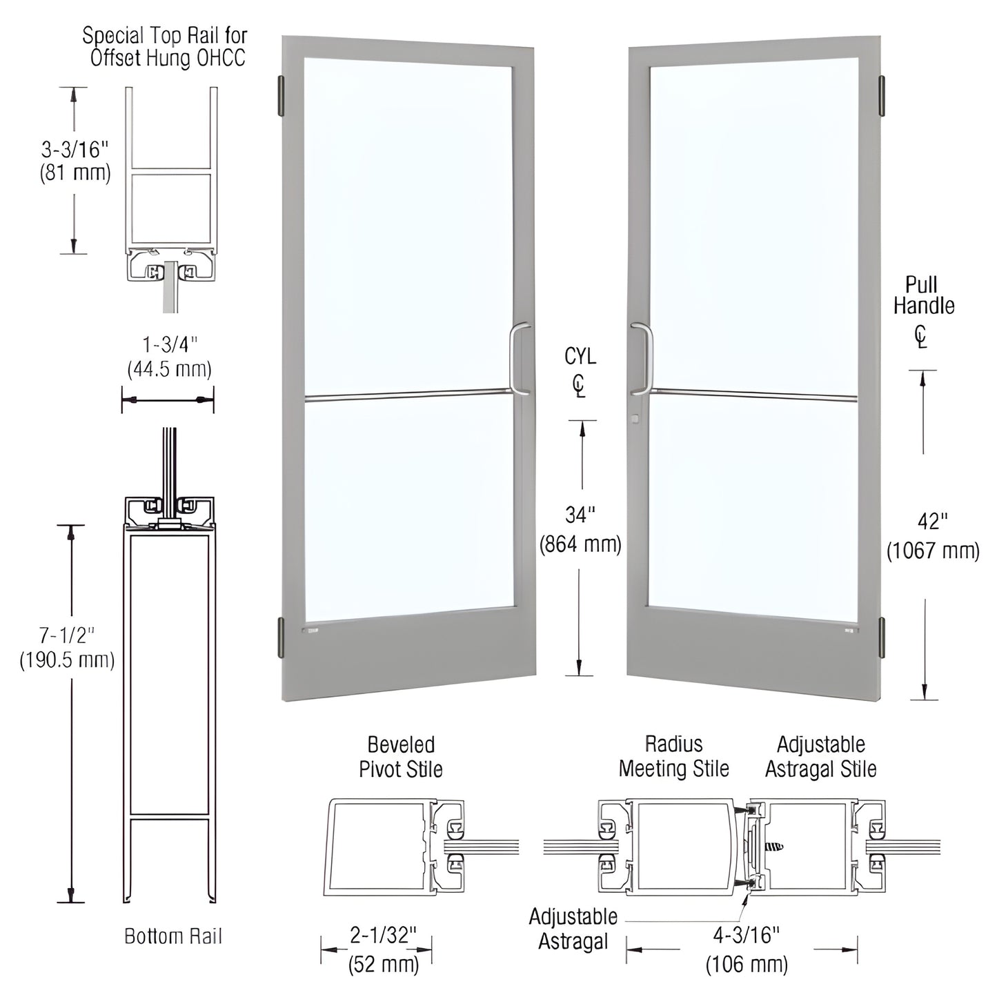 HE22411 clear anodized narrow-stile commercial entrance door, 2" stiles, 71 2" bottom rail, glass panel with pull handle