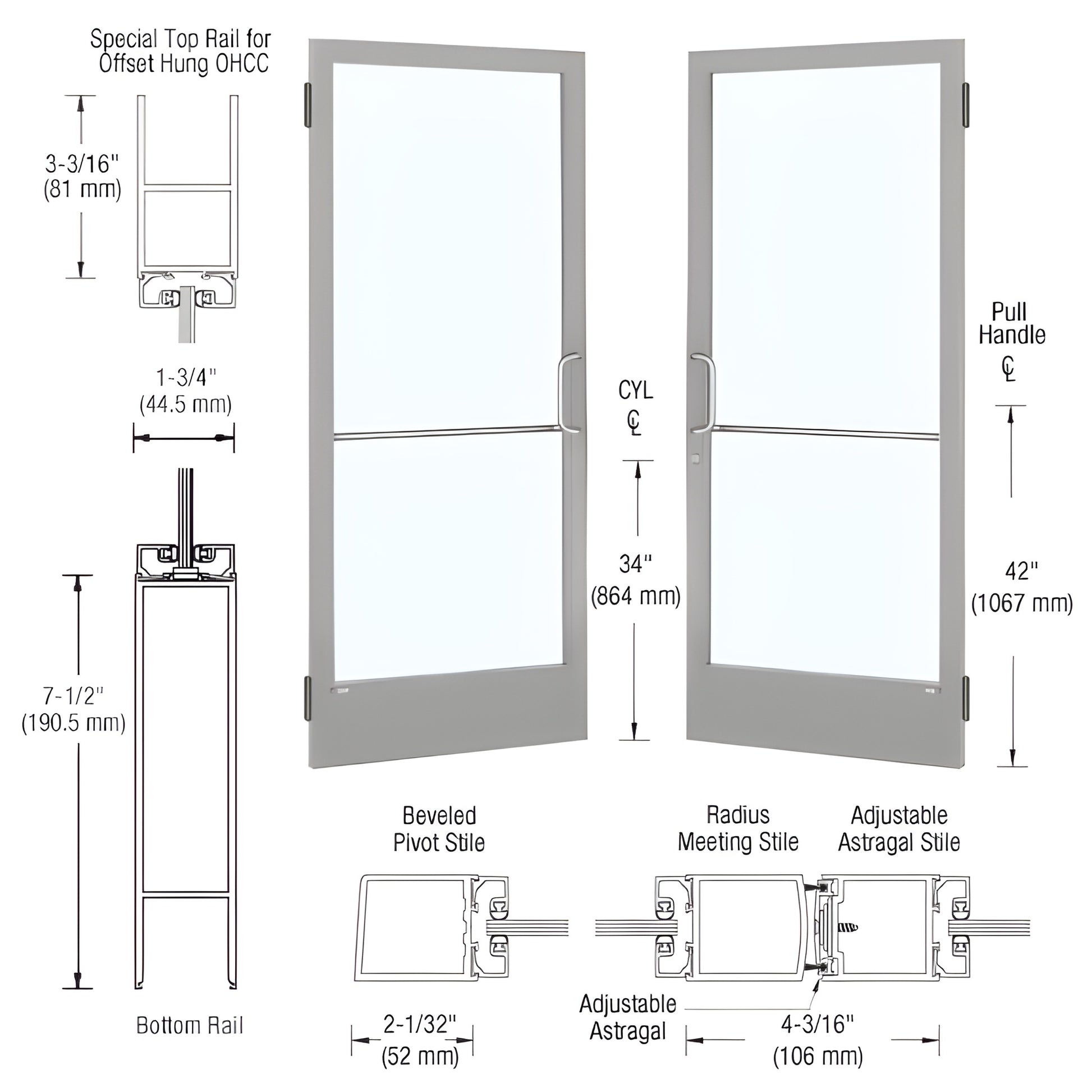 HE22411 clear anodized narrow-stile commercial entrance door, 2" stiles, 71 2" bottom rail, glass panel with pull handle