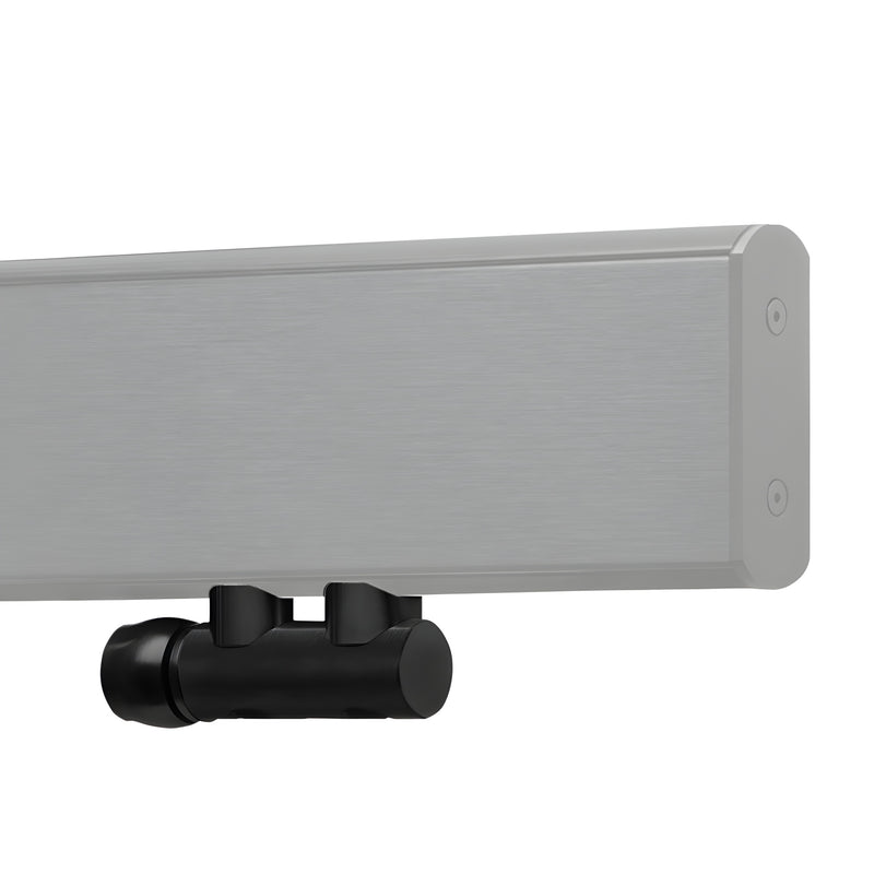 Black stainless Latitude 34 replacement door stop (LAT34DSPBLS) mounted under rail.