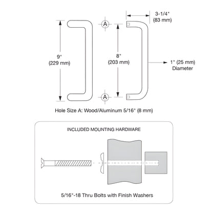 Polished brass single-sided offset door pull handle 1 in dia, 8 in C-C (SKU M17483) with thru-bolts