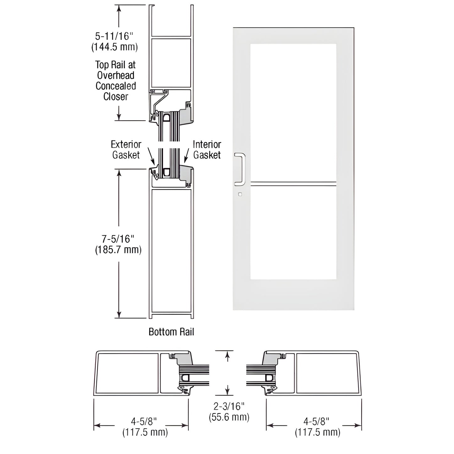 White Kynar medium-stile commercial entrance pair SF61952 - 4 5/8" stiles, impact glass prep, keyed cylinder, concealed close