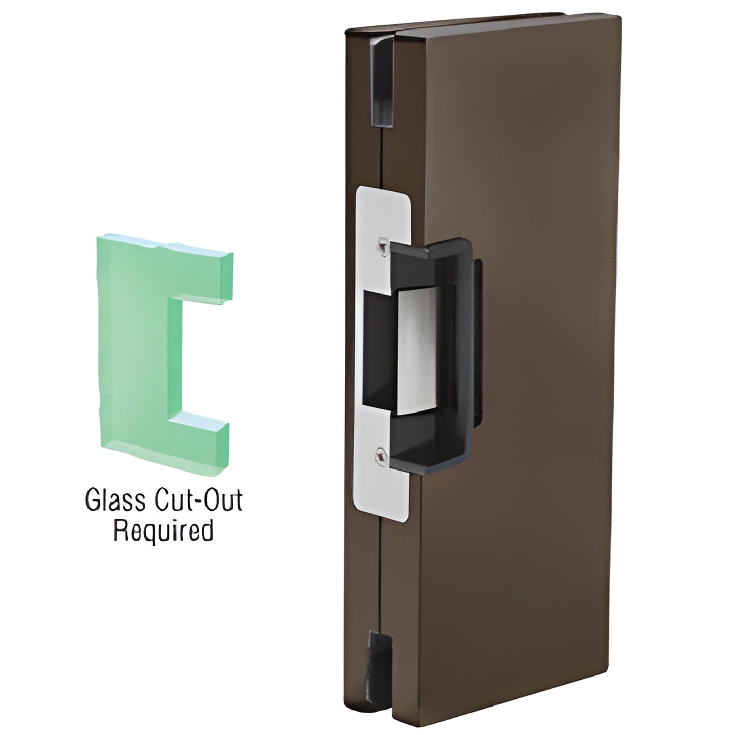 Dark bronze 4x10 center-lock glass keeper for 1/2" tempered glass, fits 12V ST125 deadlatch (SKU DLER410DU)