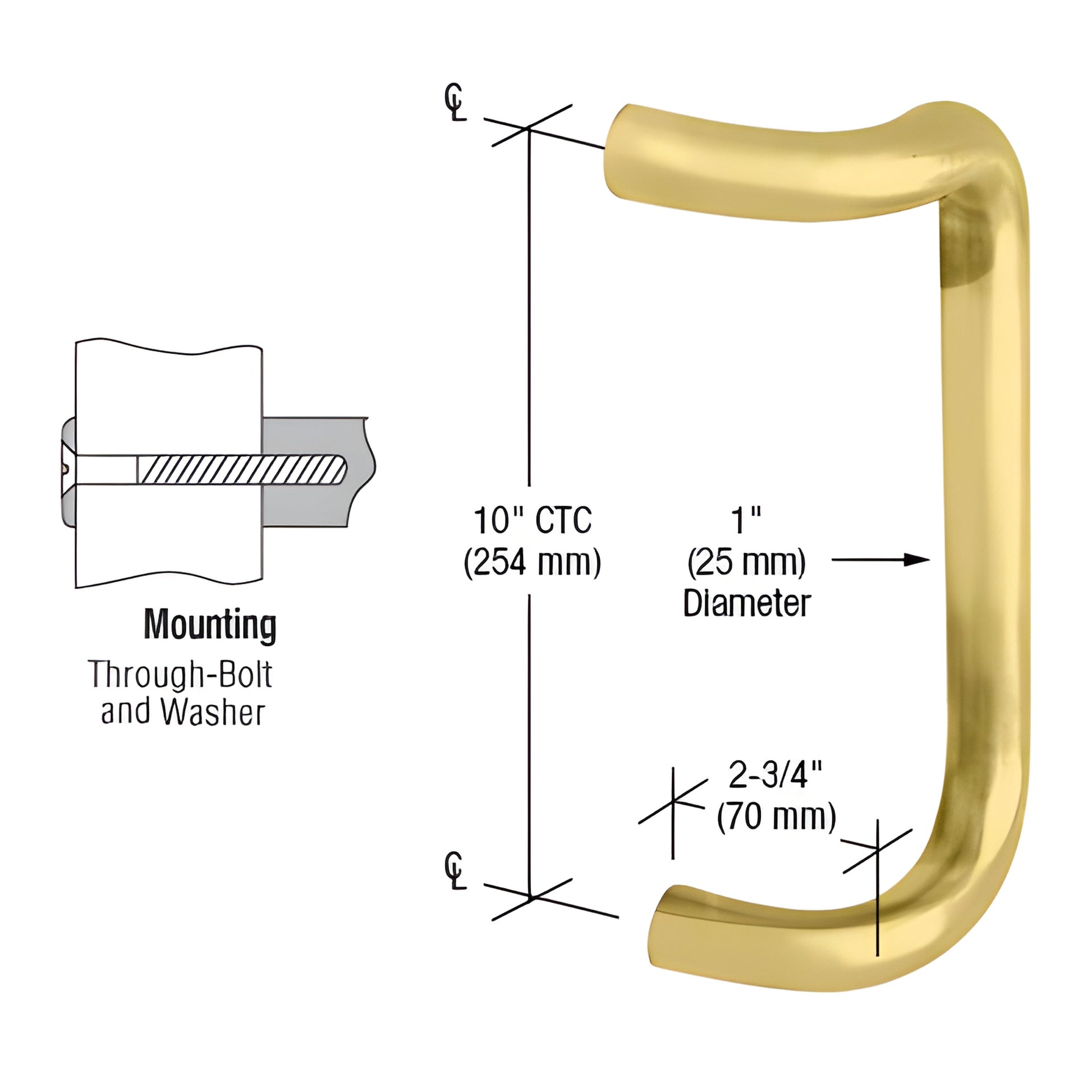 CD10BR polished brass tubular offset single-sided door pull, 1 in dia, 10 in CTC mounting, 2-3/4 in projection