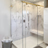 HYDK84BR polished brass top-rolling frameless 84 in sliding shower door kit with clear glass and bench
