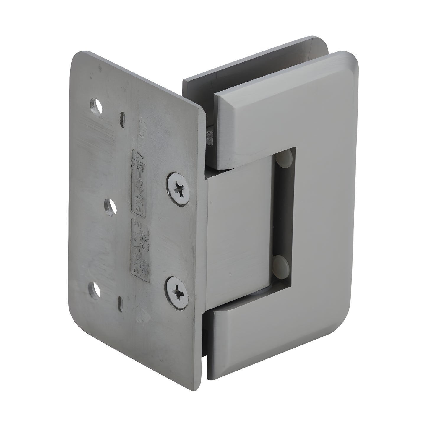 P1N044BN brushed-nickel Pinnacle solid-brass wall-mount shower hinge for 8-12mm glass, beveled edge, self-centering.