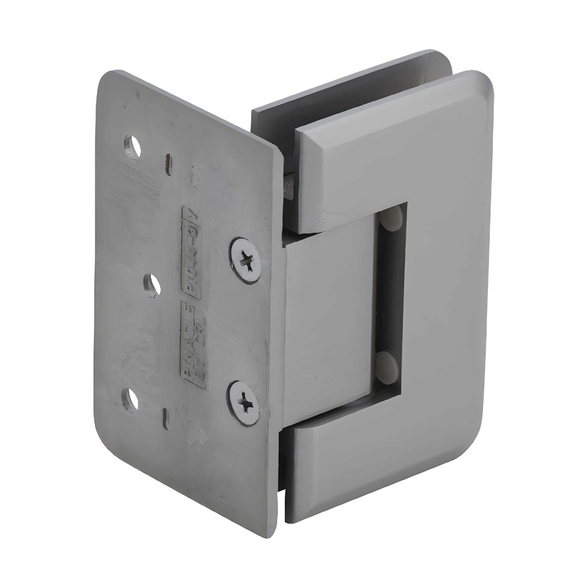 P1N044BN brushed-nickel Pinnacle solid-brass wall-mount shower hinge for 8-12mm glass, beveled edge, self-centering.