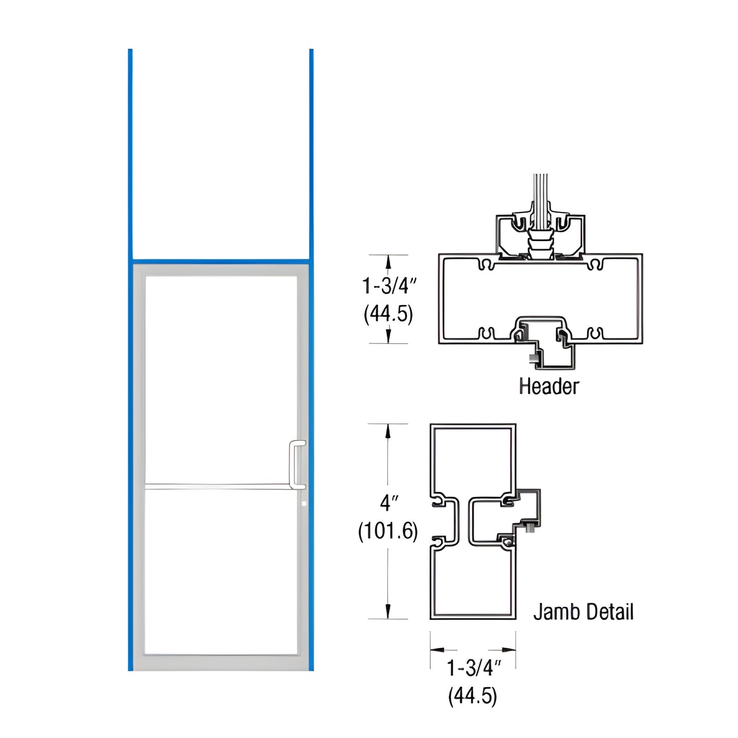 White Kynar prepped 36x84 single-door H-frame (SKU FR21552R36) with header and jamb detail diagram.