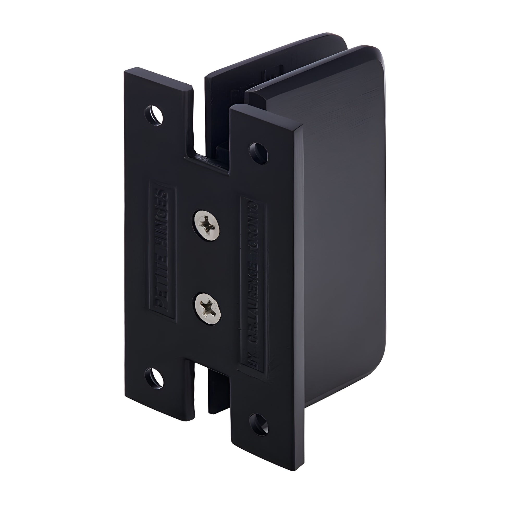 Oil-rubbed bronze brass wall-mount petite shower door hinge with full H back plate, beveled edges.