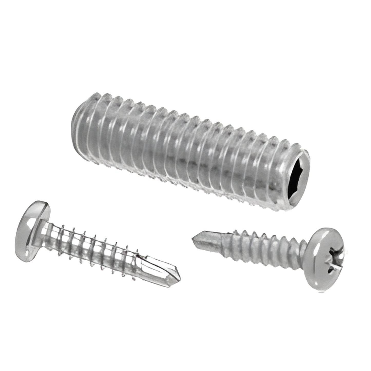RSP2SA satin-anodized stainless screw pack for concealed handrail: two self-drilling Phillips screws and one Allen set screw.