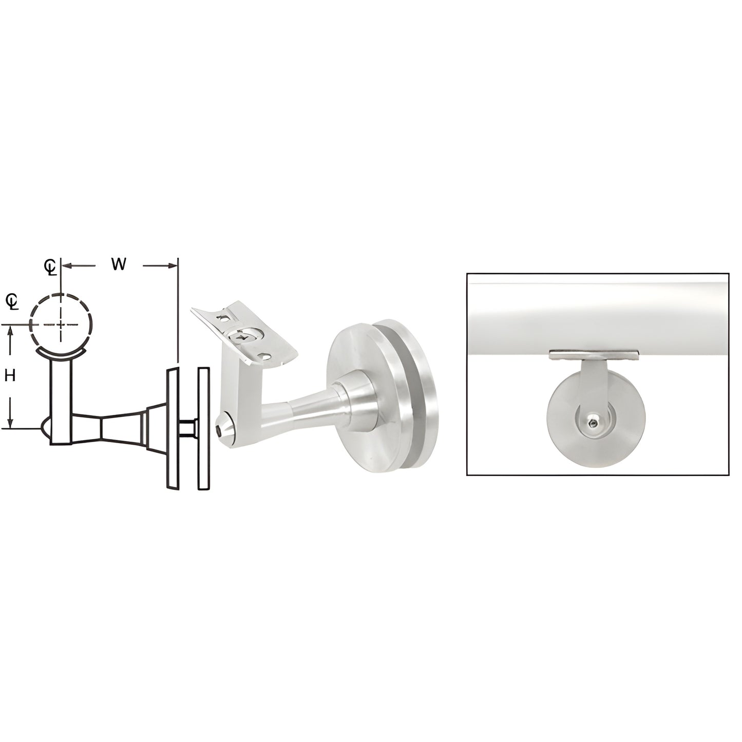 Satin anodized aluminum glass-mounted 2-way adjustable handrail bracket for 1-1/2 -2 tubing (SKU HR2SGSA)