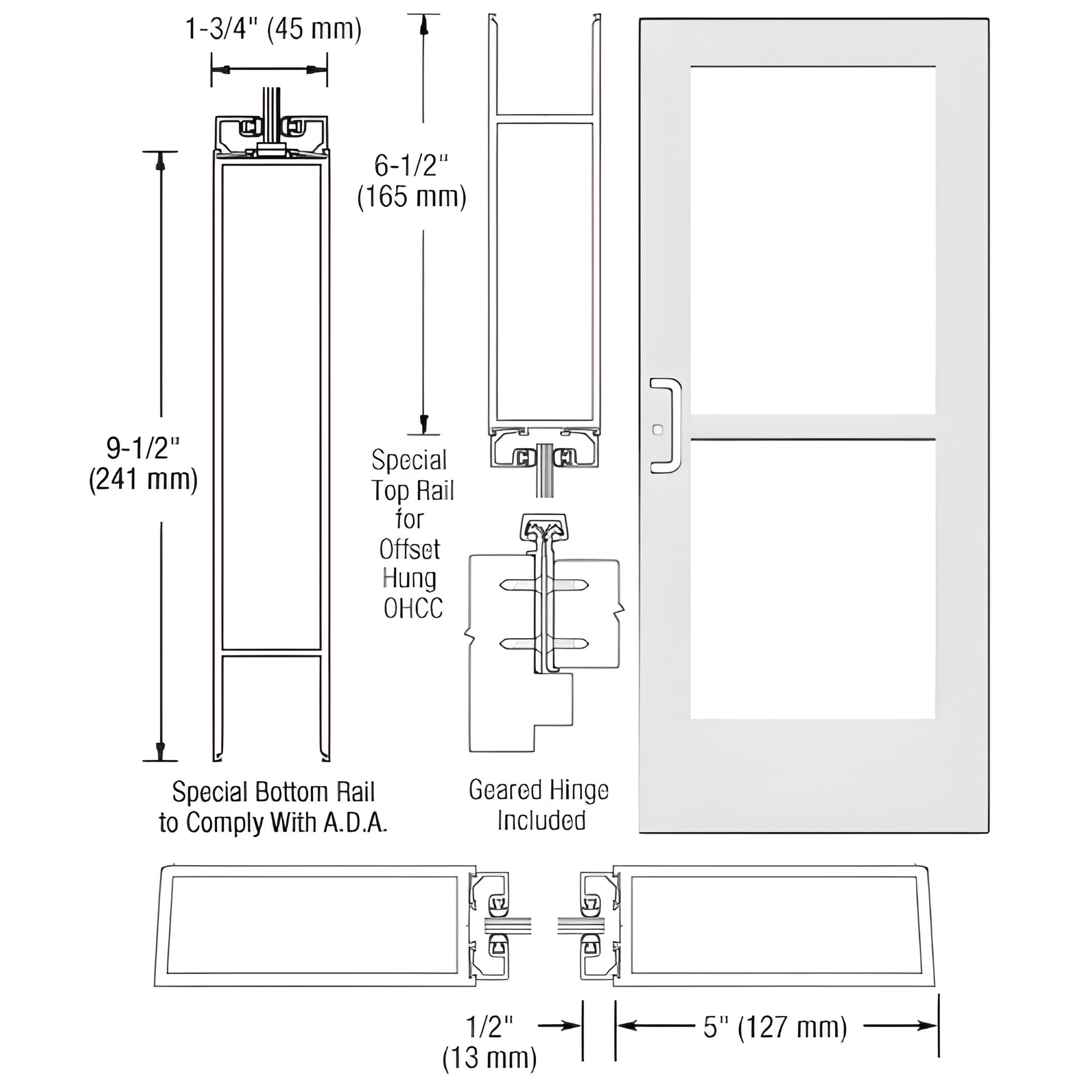 CZ51952 white Kynar commercial wide-stile entrance door, 5 in stiles, 9.5 in ADA bottom rail, glass panels.