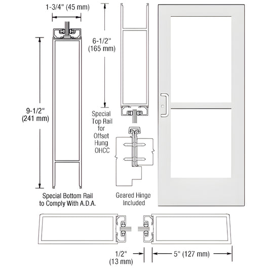 CZ51952 white Kynar commercial wide-stile entrance door, 5 in stiles, 9.5 in ADA bottom rail, glass panels.