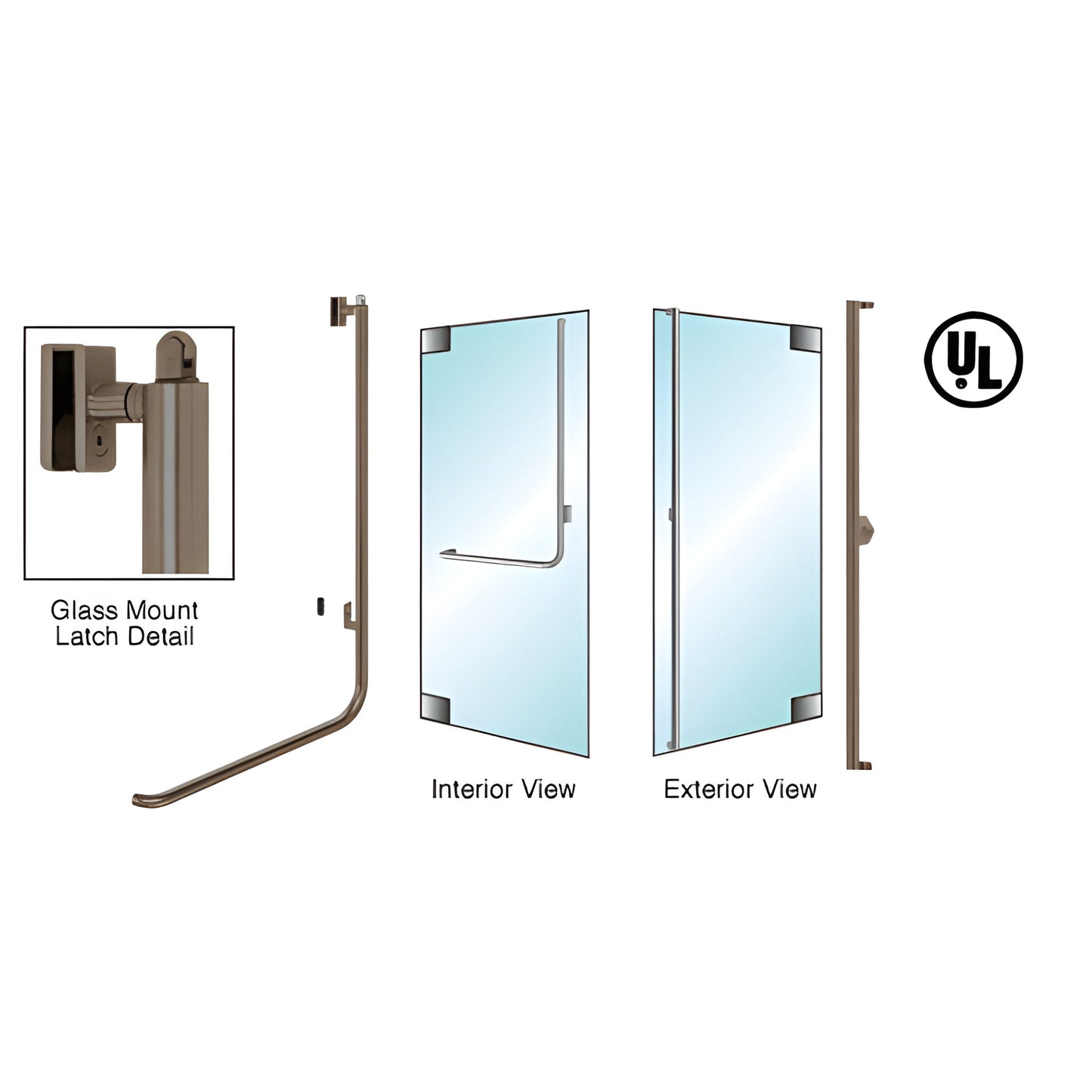 Oil-rubbed bronze PA100 panic handle for all-glass doors, 1-1/4 in tube, fits 1/2 in glazing, right-hand reverse.