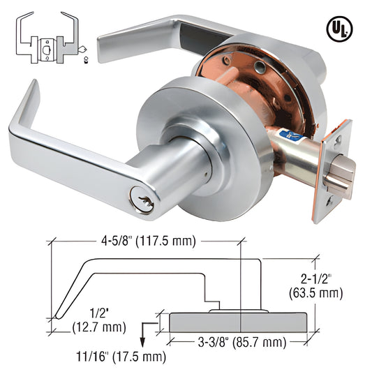 CRL D85STR brushed chrome storeroom lever lockset with round rose, 4-5/8" handle, 2-3/4" backset, UL listed.