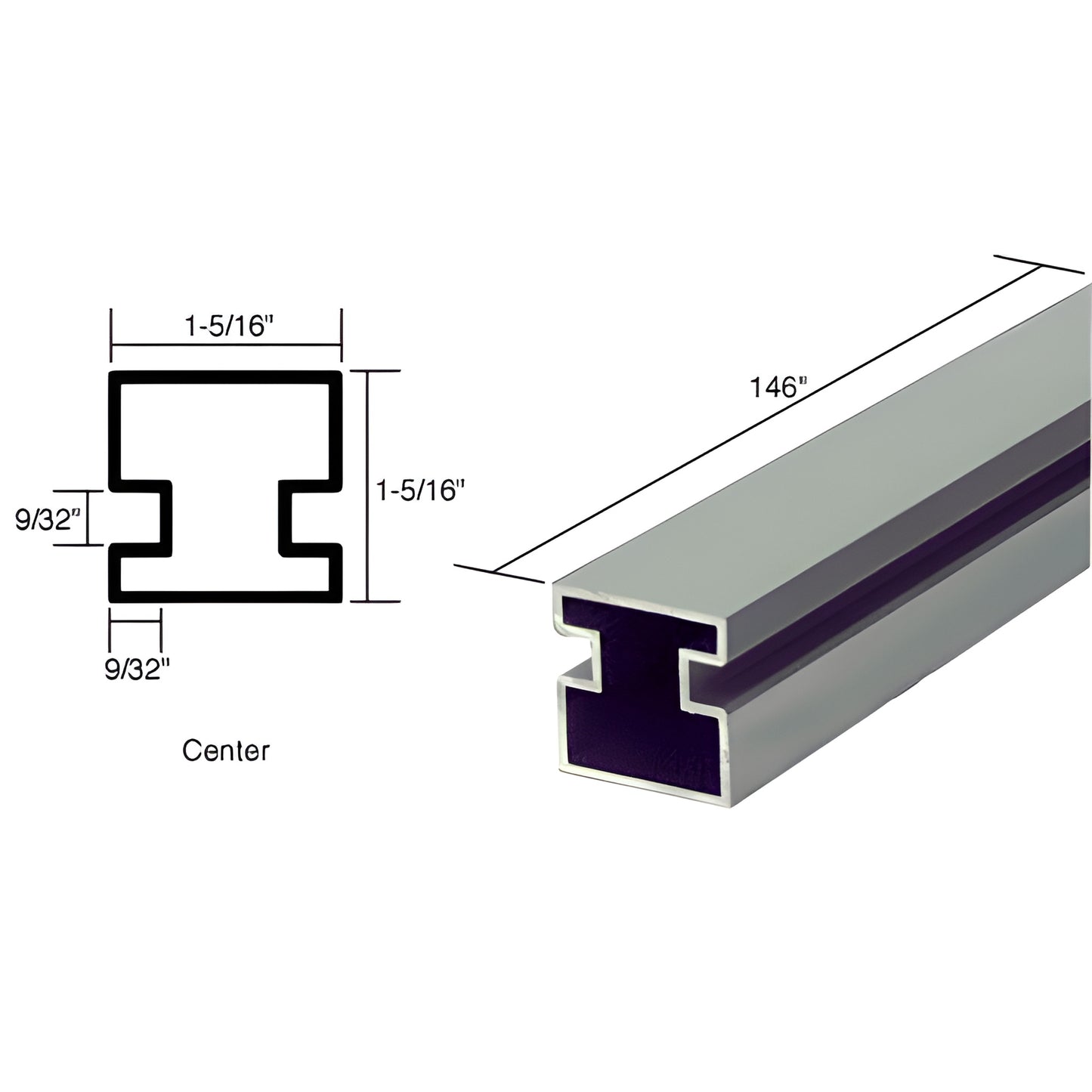 SKU 6432000: Satin anodized aluminum square center post extrusion, 1-5/16" tube, 146" long, recessed pockets for 5.5-6mm glas