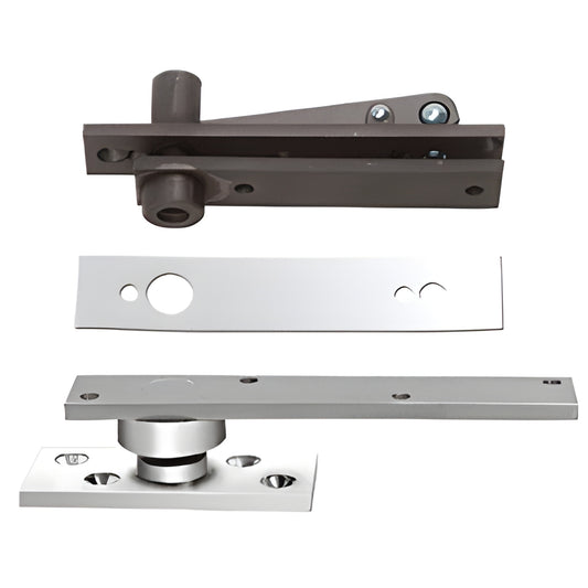 Rixson 370PC polished chrome center-hung door pivot set with top and bottom pivots and cover plate.