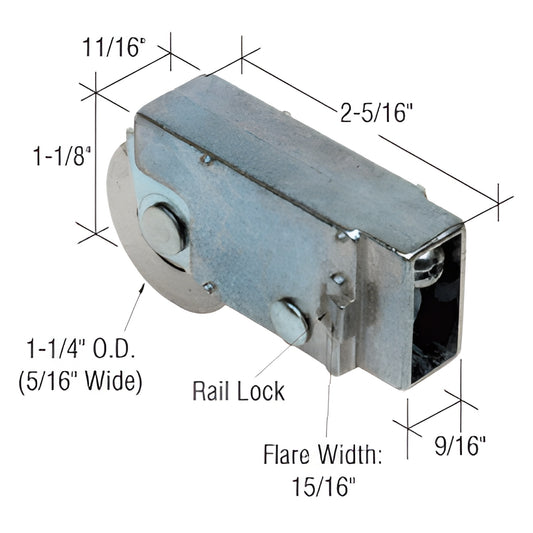 D1603 sliding glass door roller assembly - adjustable aluminum housing with 1-1/4" steel concave roller and rail lock