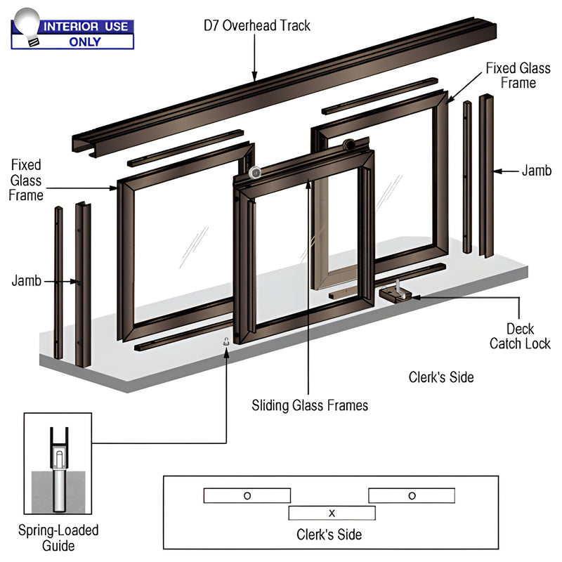 CRL Barbara pass-thru window D1029DU, Duranodic bronze, 3 panels (2 fixed, center slider) with overhead track
