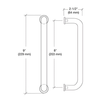 CM8PS polished stainless steel 1" diameter door pull handle, single-sided mount, 8" center-to-center.